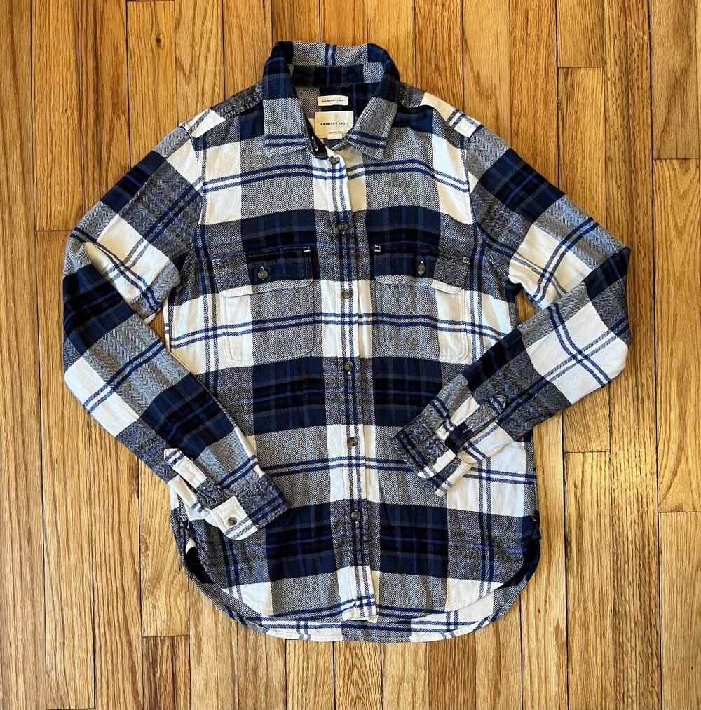 American Eagle Flannel Shirt Womens S Blue Long Sleeve Plaid Ahh-mazingly Soft
